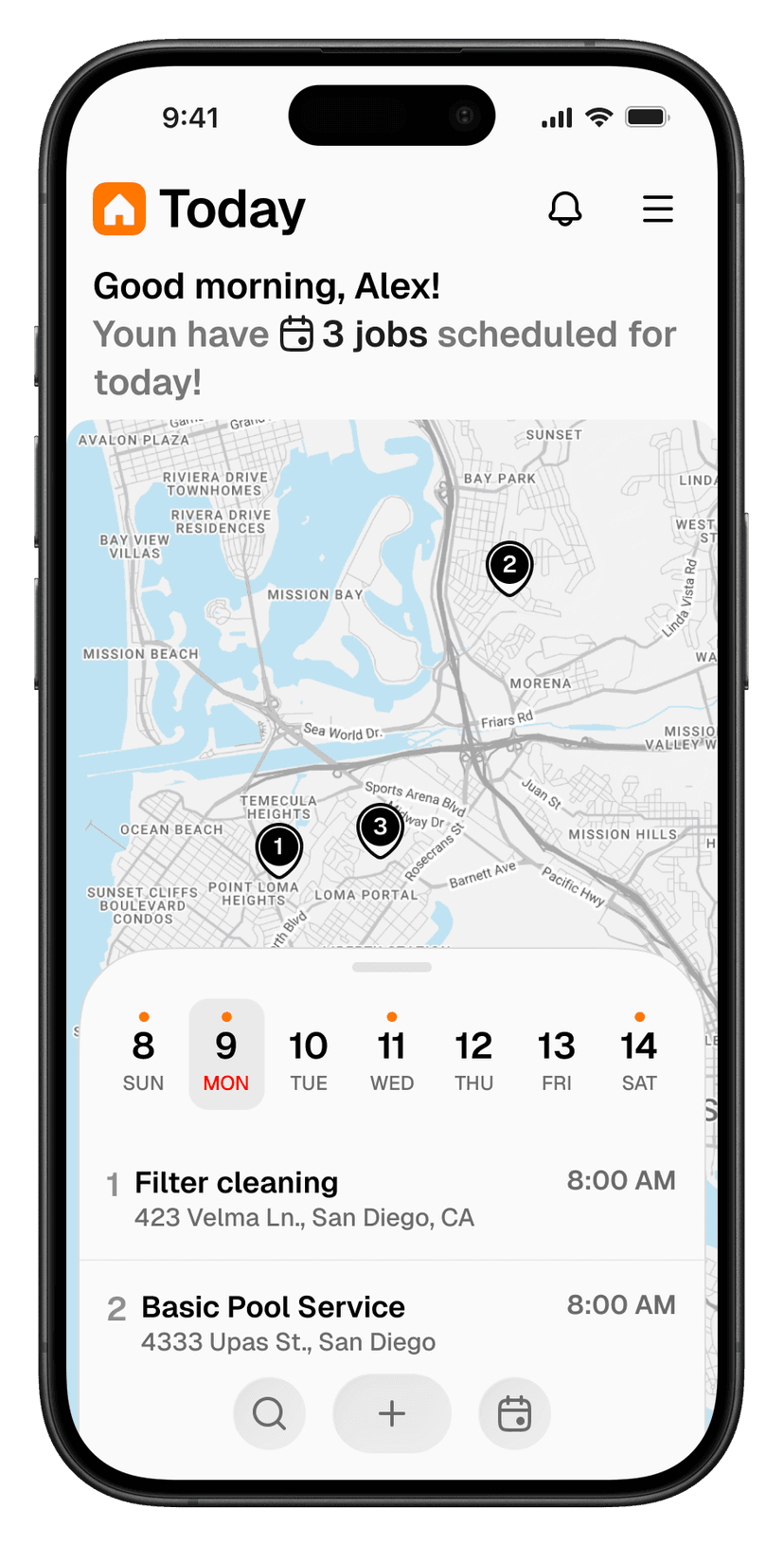 Homespace mobile app showing today's scheduled jobs on a map