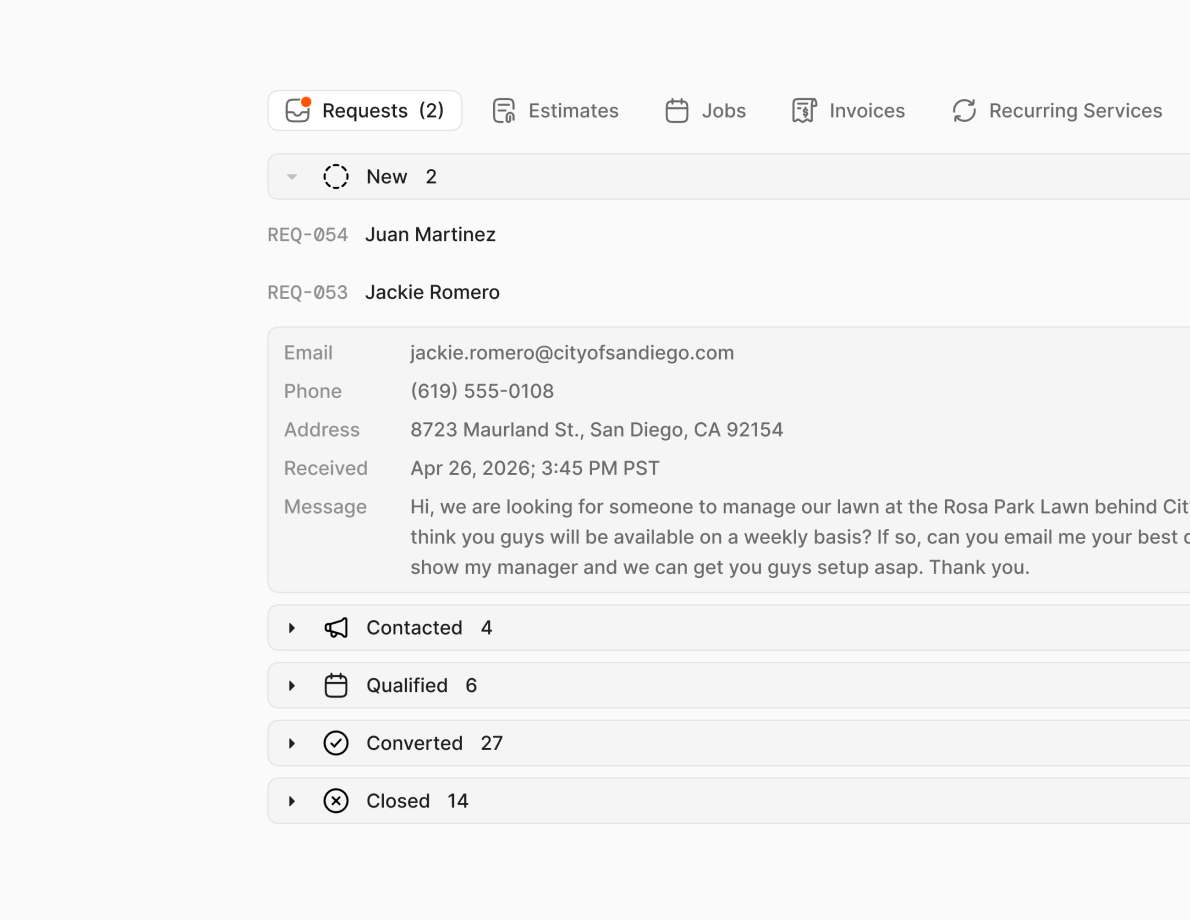 Homespace customer requests inbox with grouped request statuses and customer details