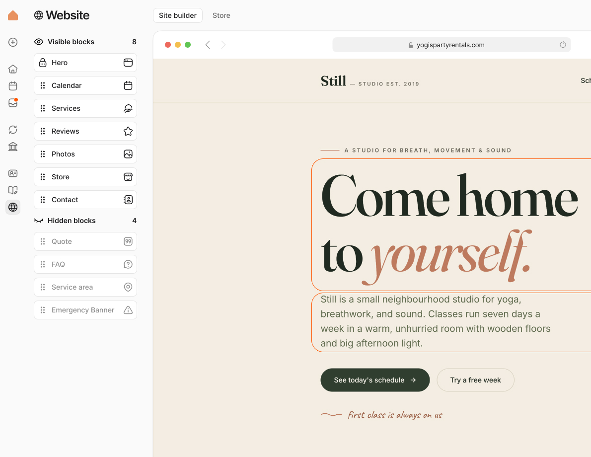 Homespace website builder with site block controls and a live website preview